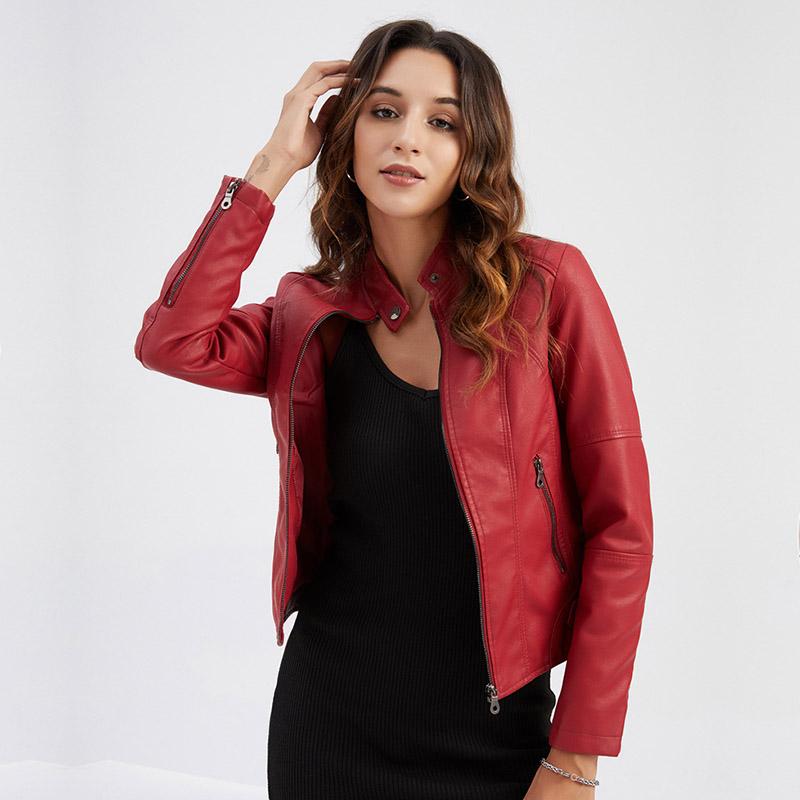 Women's Slim Fit Spring Autumn Solid Color Long Sleeve Stand Collar Leather Jackets S-4XL