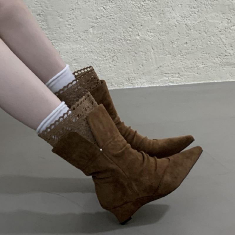 New Lace French High Heel Long Fashion Boots Women's 2025 Autumn and Winter New Pointed Sweet Stacking Boots Boots