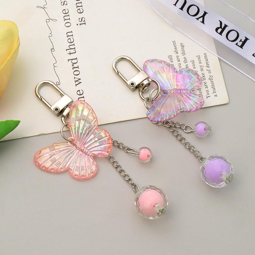 Cute Acrylic Butterfly Keychain Transparant Round Ball Tassel Keyring Women Bag Charm Earphone Case Car Key Pendant DIY Ornament