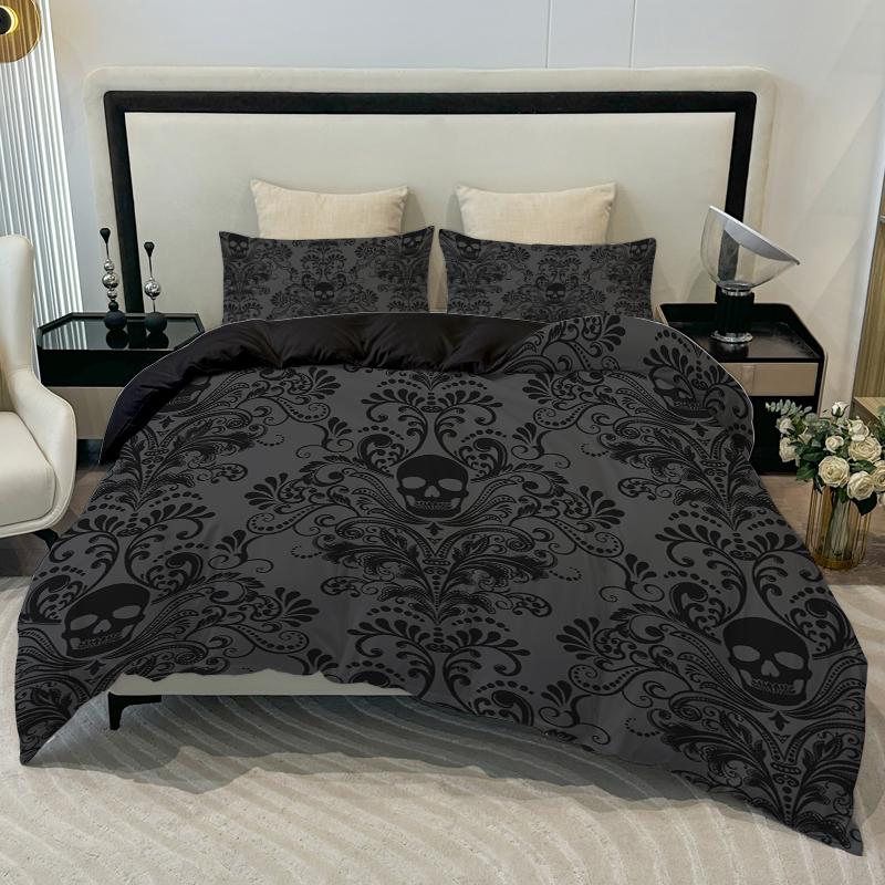 3pcs Skull Flower Duvet Set With Flower Skull Pattern, Includes 1 Duvet Cover And 2 Pillowcases, Suitable For All Seasons