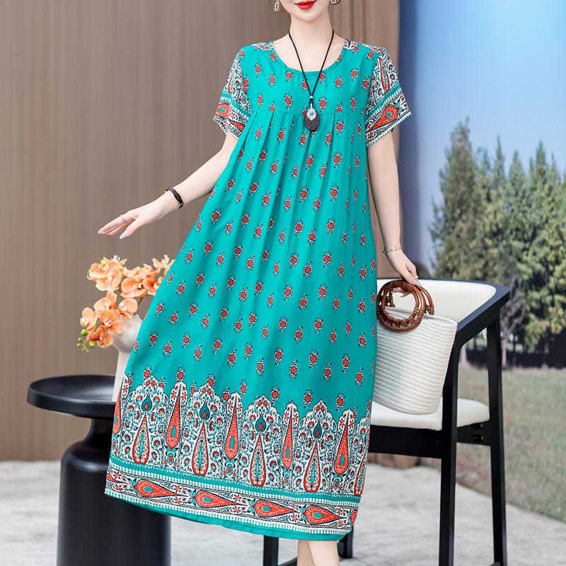 Elegant Long Dresses with Sleeves Plus Size Casual Loose Short Sleeve Vintage Dress for Women Summer Clothes