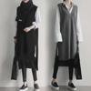 2025 Korean V-neck Sweater Vest Dress: Thick, Knit, Asymmetrical Hem, Autumn/Winter, Medium-Length