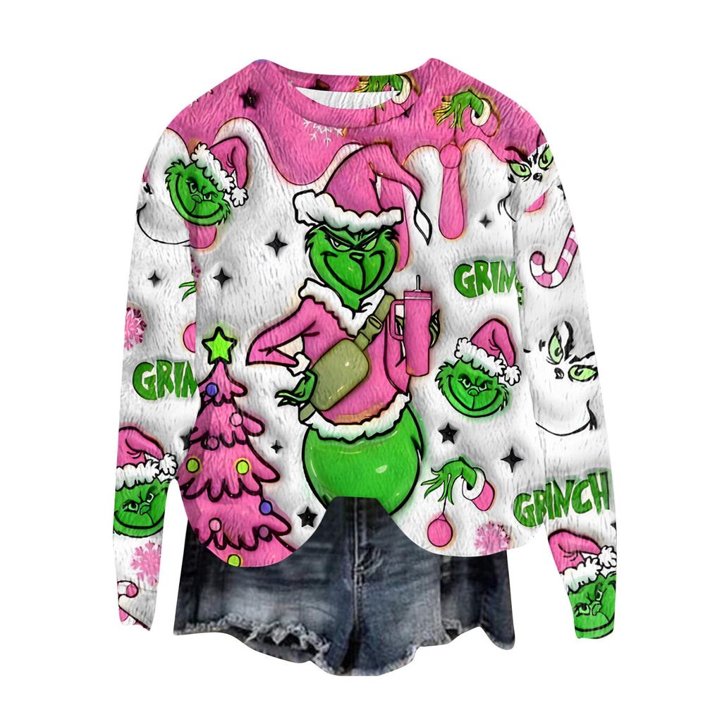Women's Fashion Round Neck Pullover Top Long Sleeve Tee Christmas Printed Sweatshirt