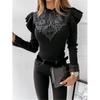 Women's Long Sleeve Round Neck Lace Trim Solid Color Base Blouse