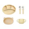 Blue Mama Silicone Spoon + Fork + Spoon-fork Case + Suction Plate + Bear Cup + Bear Plate All-in-one Set, Butter, 1 Set