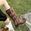 Women Cowboy Boots 2024 Autumn New Belt Buckle Women Marton Boots British Style Women Long Boots Korean Fashion Chic Shoes