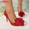 Fashion Aphixta  Hot Sale Flowers 3.94inch/10cm Red Stiletto Heels Pumps Women Office Casual Shoes Heels Big Size 45 46 47 48 49 50