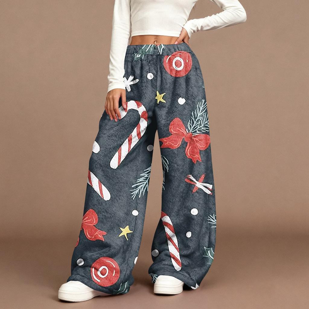 Women's Casual Fashion Christmas Print Elastic Waist Loose Plush Wide Leg Pants