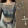 Korean Style Silver Rose Cross Necklace - Engraved Large Pendant with Sweater Chain.