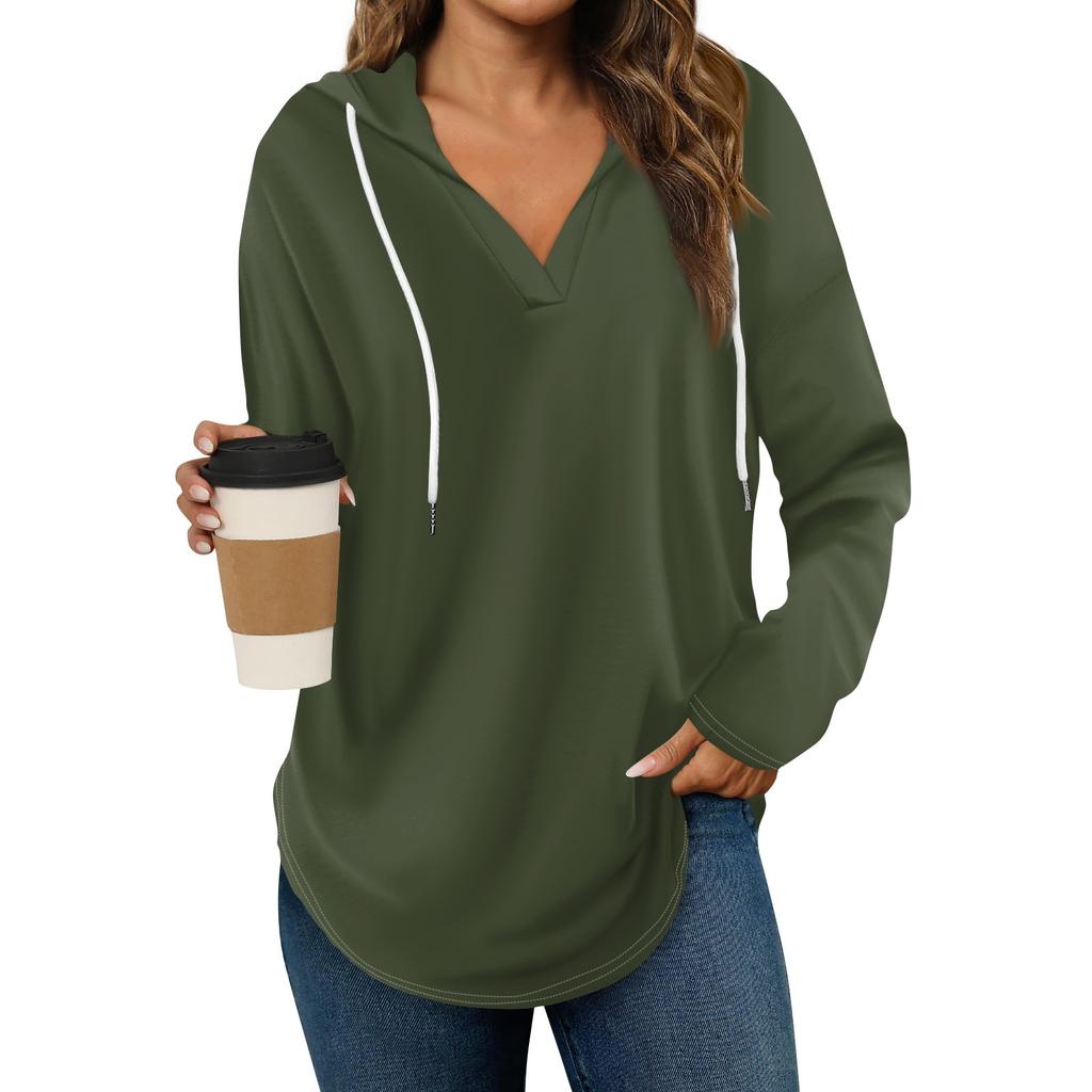 Women's Fashion Hoodies V Neck Long Sleeve Solid Drawstring Casual Loose Pullover Tops
