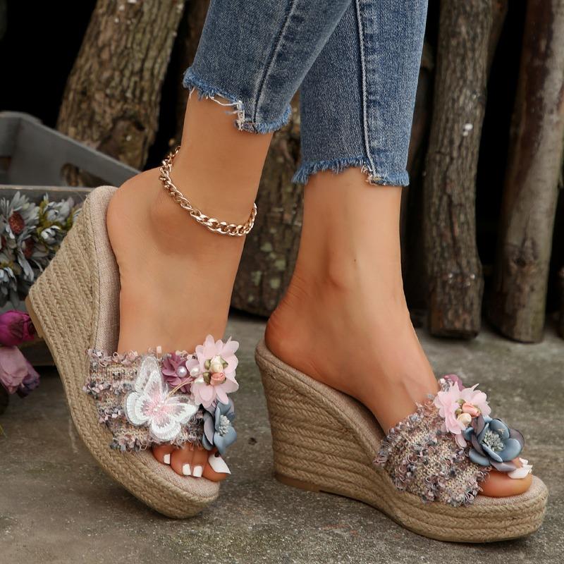 Shoes Female 2024 Plus Size Peep Toe Women's Slippers Retro Dress Slippers Women Platform String Bead Appliques Wedges Sandals