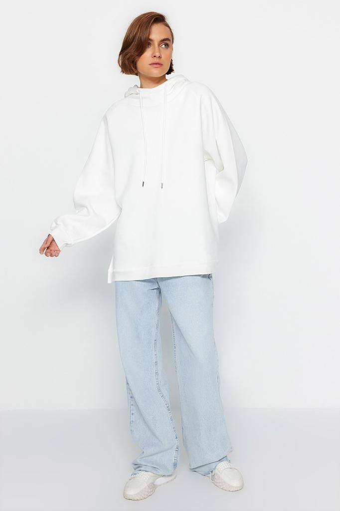 Women's Fashion Sweatshirt Hooded Long Emerald Green Regular Fit Embroidered Hooded Knitted Sweatshirt with Fleece Inside