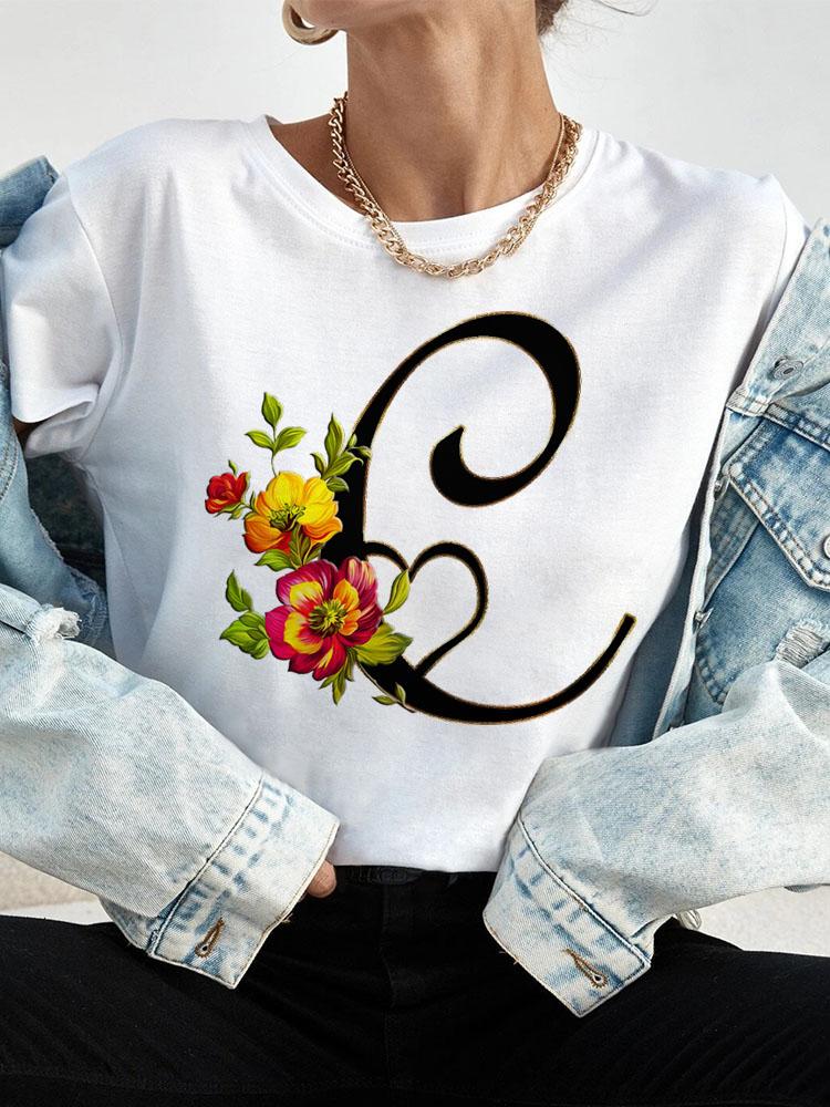 Custom Name Letter Combination Tops Fashion Women T-Shirt Rose Flower Heart Letter Font A B C D Short Sleeve Tees Black T-Shirt