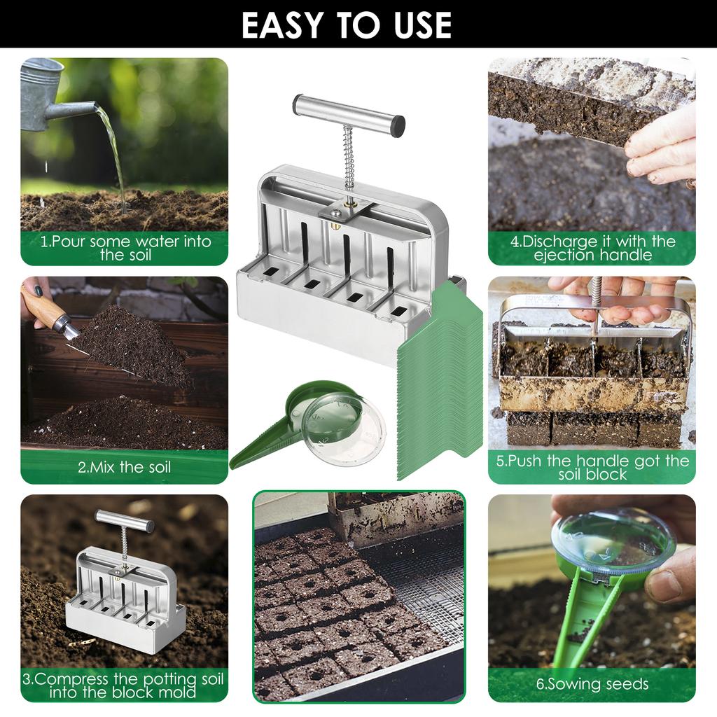 Soil Blocker Soil Block Maker 2 Inch 8 Cell Soil Blocking Tool Kit with 3 Sizes Seed Pins