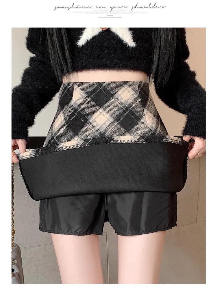 Women's High-Waist Wool Plaid Retro A-Line Skirt - Autumn/Winter Collection, Slim Fit, Short Length