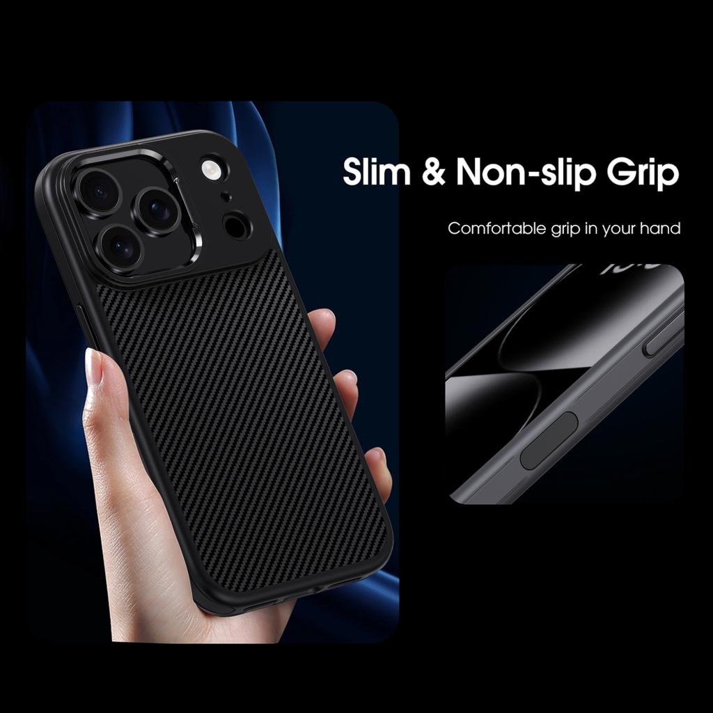 IPAKY For iPhone 17 Pro TPU Case Carbon Fiber Texture Phone Cover Metal Lens Frame