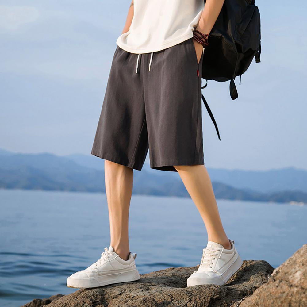 Men Summer Shorts Elastic Waist Adjustable Drawstring Casual Shorts Wide Leg Solid Color Athletic Shorts