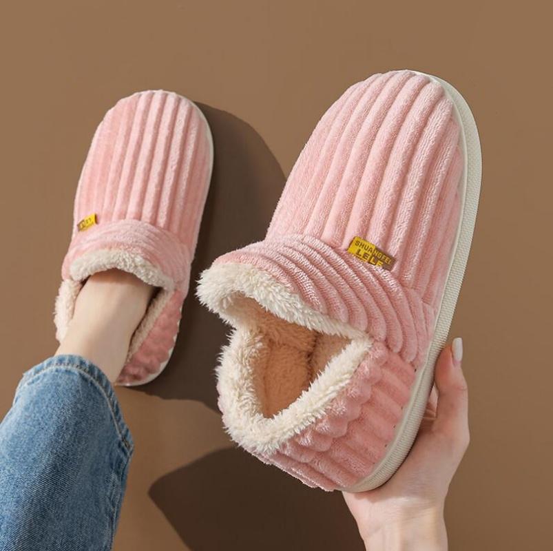 Winter Couple Style Concise Stripes Wrap Heels Plush Slippers Ladies' Non-slip Soft Warm Flip Flops Men Home Casual Cotton Shoes