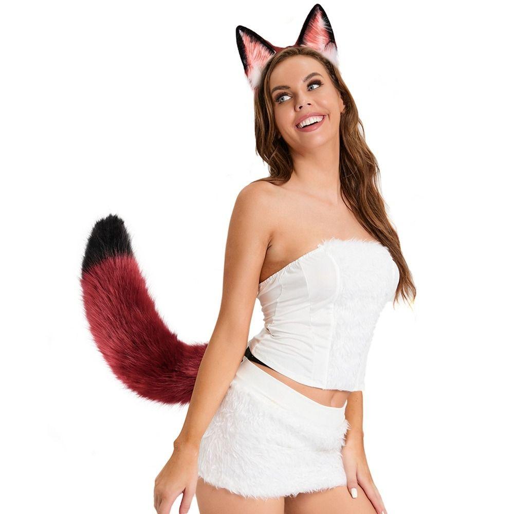 Simulation Fake Fox Wolf Tail Masquerade Party Ears Hair Hoop Novelty Tail Set Halloween Day
