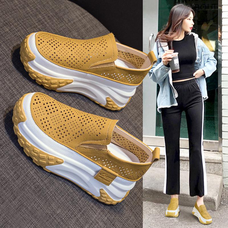 2025 New Inner Height Increase Hollow Breathable Loafers Women's Shoes Retro Lightweight Casual Sports Shoes Platform Sandals Women