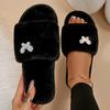 Fashion Crystal Butterfly Decor Fur Slippers for Women Cozy Flat Heels Plush Indoor Slippers Woman Open Toe Non Slip Fluffy House Shoes