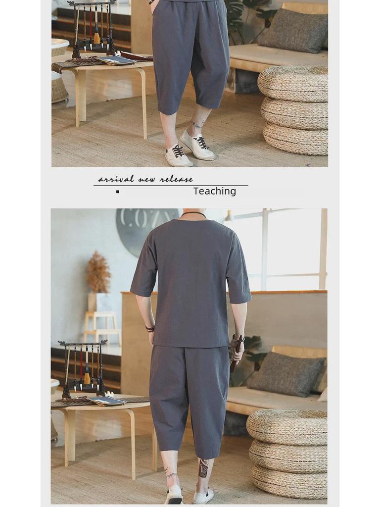 Men's Chinese-Style Cotton Linen Two-Piece Suit - Casual Loose-Fit Harem Pants with Short-Sleeved Top