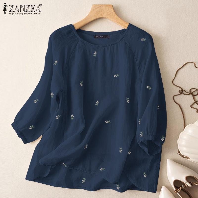 ZANZEA Женская повседневная летняя блузка с цветочной вышивкой и круглым вырезом с рукавами 3/4