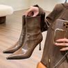 Women's Sexy Pointed Toe Ankle Boots Vintage Autumn New High Heels Patent Leather Skinny Boots Women Brown Short Booties