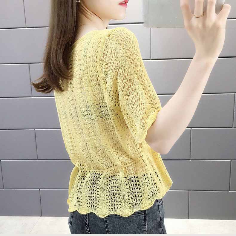 Korean Loose Drawstring Hollow Knit Pullover Blouse Short Sleeve Versatile Thin Sweater Women
