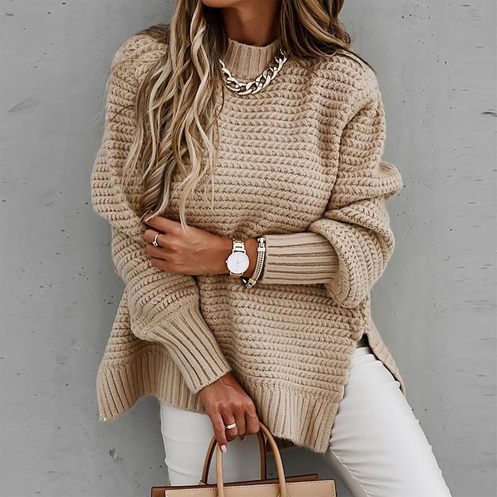 Women's Fashion Half High Neck Loose Solid Long Sleeve Thick Needle Side Split Knitted Sweater