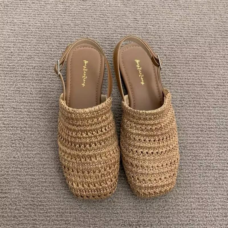 French Bohemian Single Shoes Gently Woven Girls Bag Head Sandals Summer Retro Fairy Evening Empty Slippers