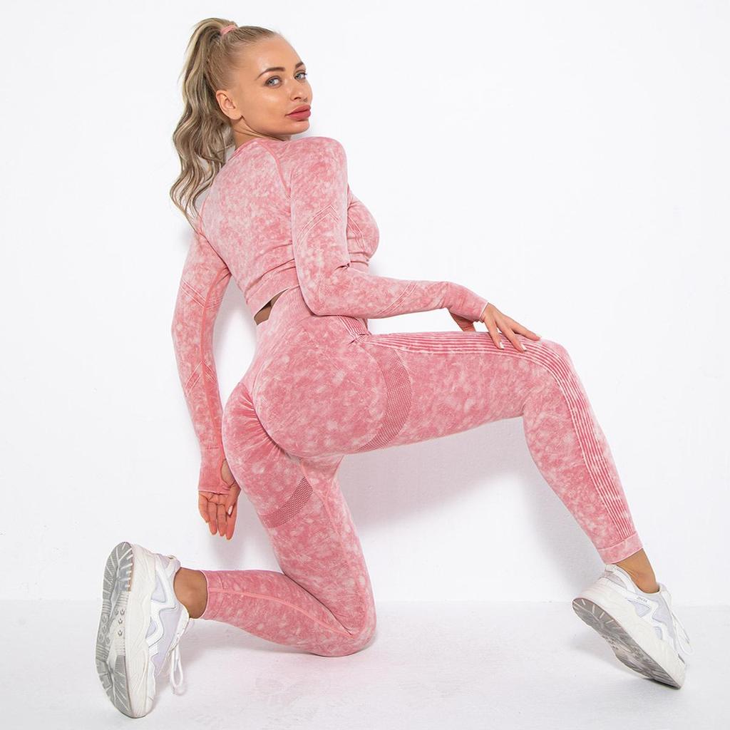 Women Seamless Washed Peach Hip Lifting Sports Running Fitness O Neck Long Sleeve Pant Suits