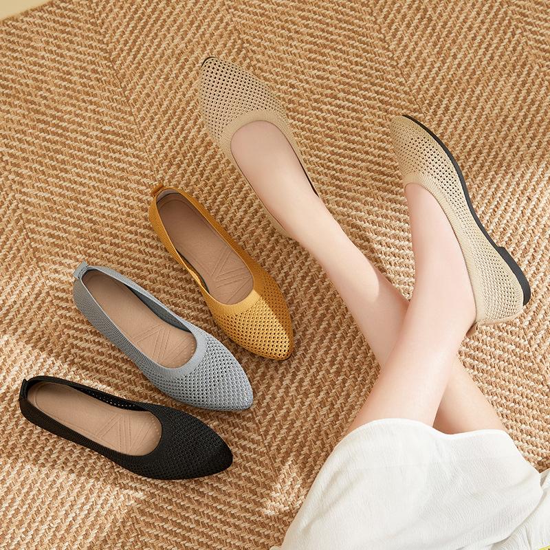Women Round Toe Flat Shoes Solid Color Knitted Slip On Shoes Casual Breathable Ballet Flats Women Flat Shoes Loafers Women
