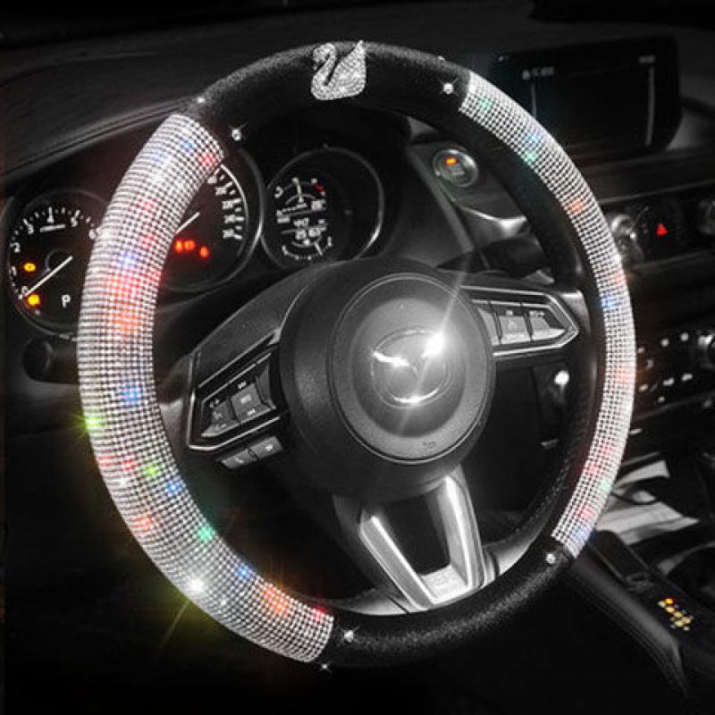 Diamond Swan Crown Steering Wheel Cover - Universal, All-Season, Cute Interior Decoration for Ladies' Cars