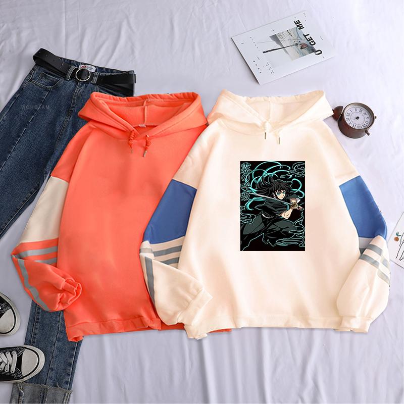 Anime Demon Slayer Tokitou Muichirou Graphic Printed Hooded Men Women Patchwork Hoodies Harajuku Unisex Manga Sweatshirt
