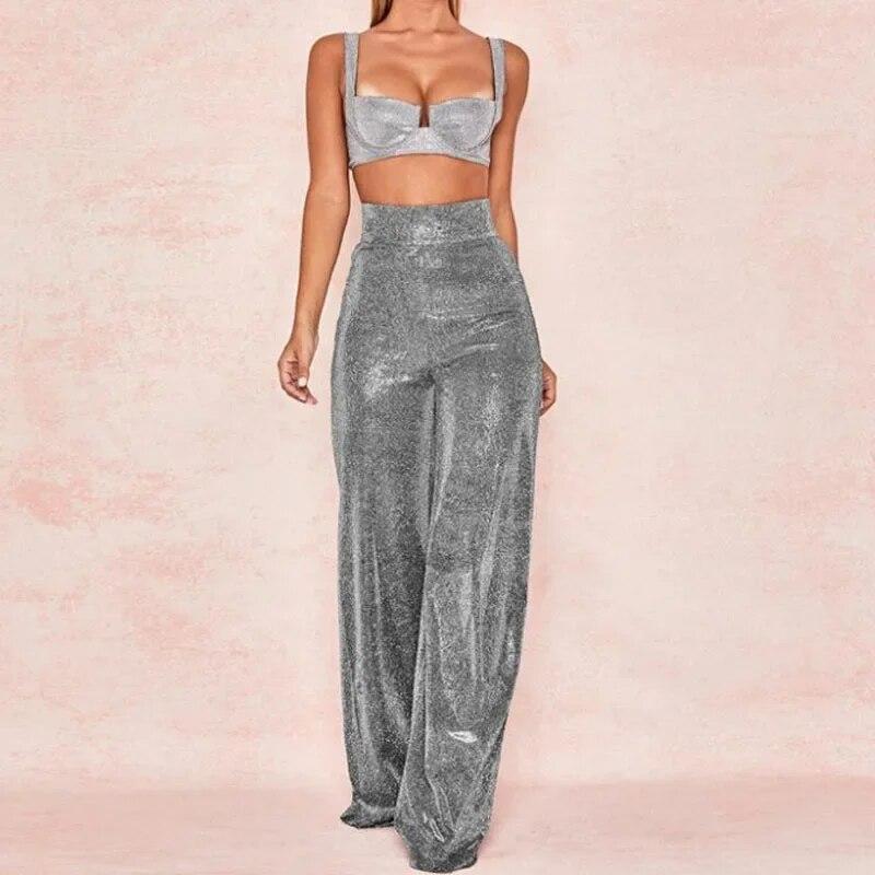 Office-lady High-waist Solid Bringht Silk Sports And Leisure Casual Straight Womens Trousers Sexy Loose Flare Pants 30446