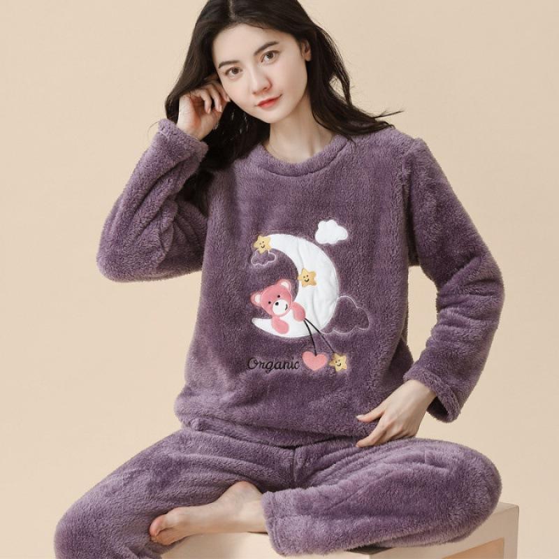 Warm Sleepwear for Winterthickened Warm Flannel Pajamas Student Long Sleeve Cartoon Ladies Loungewear Setpajamas Woman Offer