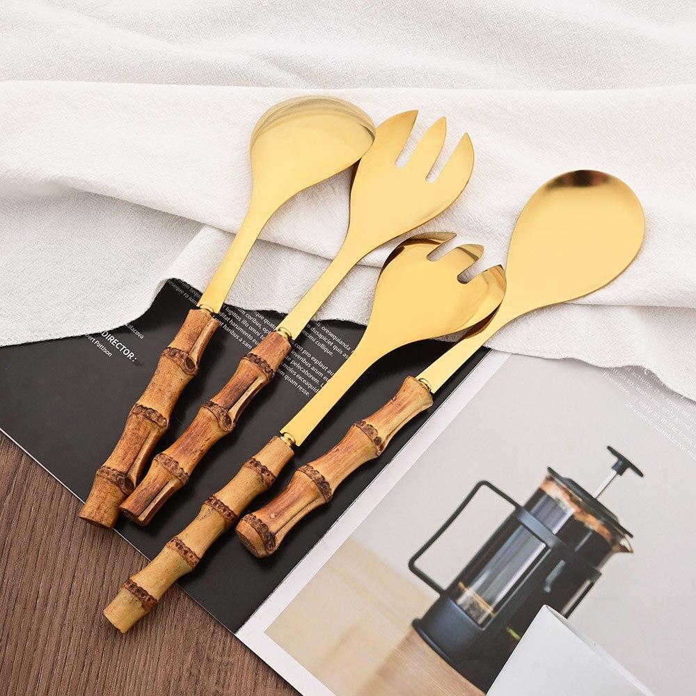 2Pcs Serving Utensils Cutlery 304 Stainless Steel Big Fork and Spoon with Natural Bamboo Handle Food Serving Salad Spork Server Spoon Tableware Set