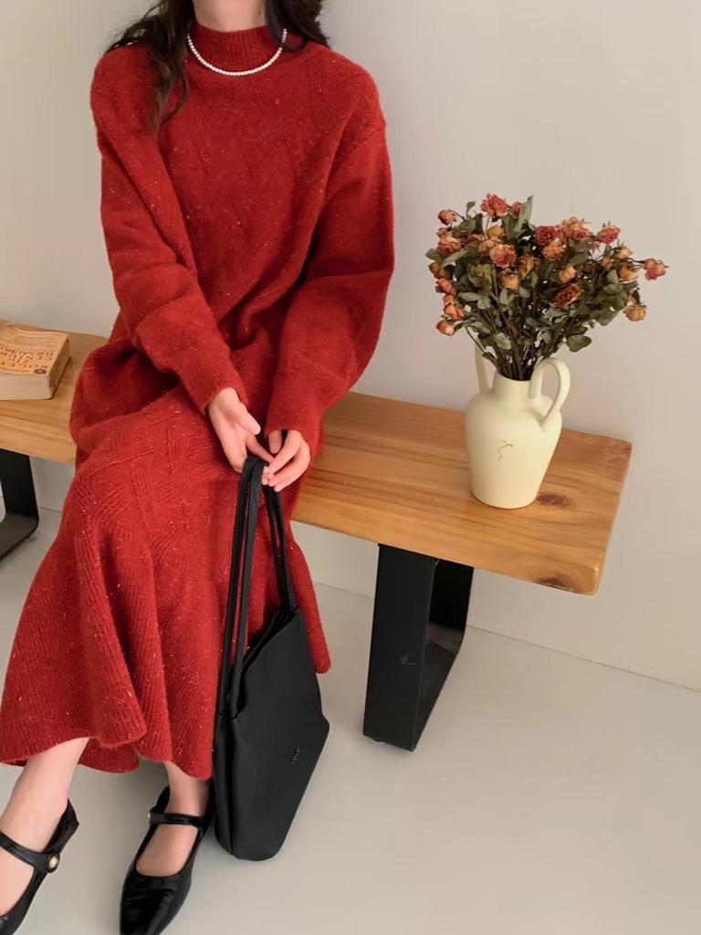 Large Size Women's Fashion Long Crew Neck Knitted Dress Women's Autumn and Winter Lazy Wind Loose Fish Tail Bottom Sweater Skirt