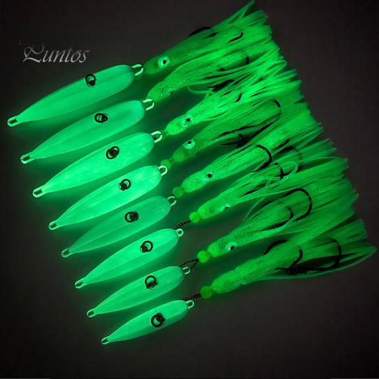 15CM/5.91G Luminous Squid Jig Hook Slow Shaking Glow-in-the-dark Squid Skirt Lure with Weight Sinker Deep Sea Trolling Fishing Bait Freshwater