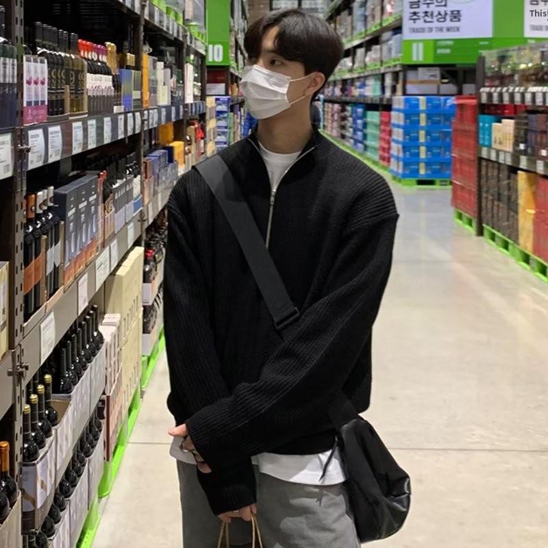 Korean Style Men's Autumn Half Zip Cardigan Sweater - Handsome Versatile Stand Collar Knitted Top Turtleneck Jacket