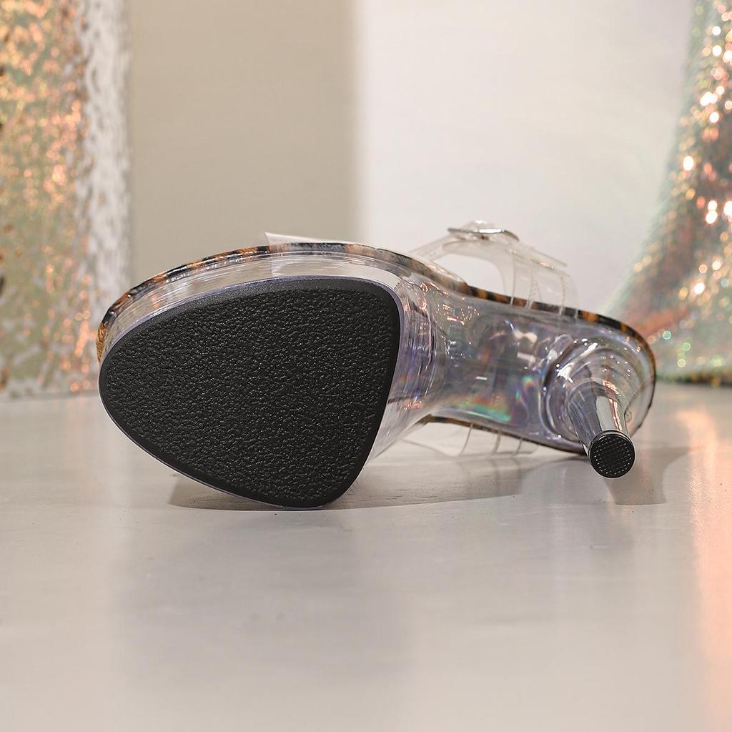 Женские босоножки на шпильке с кристаллами на одной лямке - Прозрачный леопардовый принт