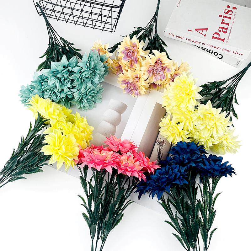 7 Heads Artificial Dahlia Flowers Bouquet Fake Silk Wedding Centerpiece for Table Decor Home Office Party Decoration Faux Flower