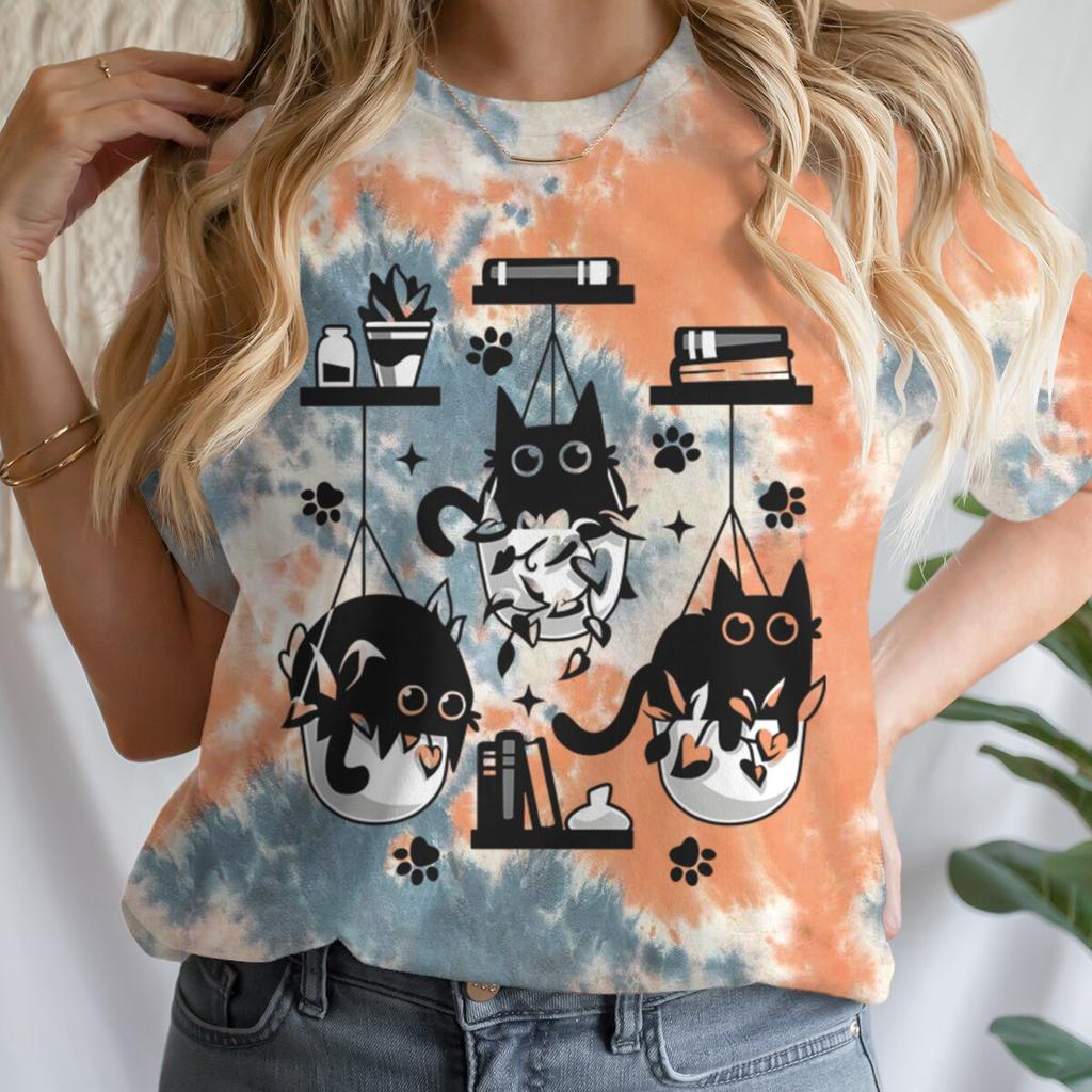 Women T-shirts New Ladies Casual Female Clothes Tops Black Cat Books Print Ladies Tees Tshirt Cartoon Graphic T-Shirt Clothing