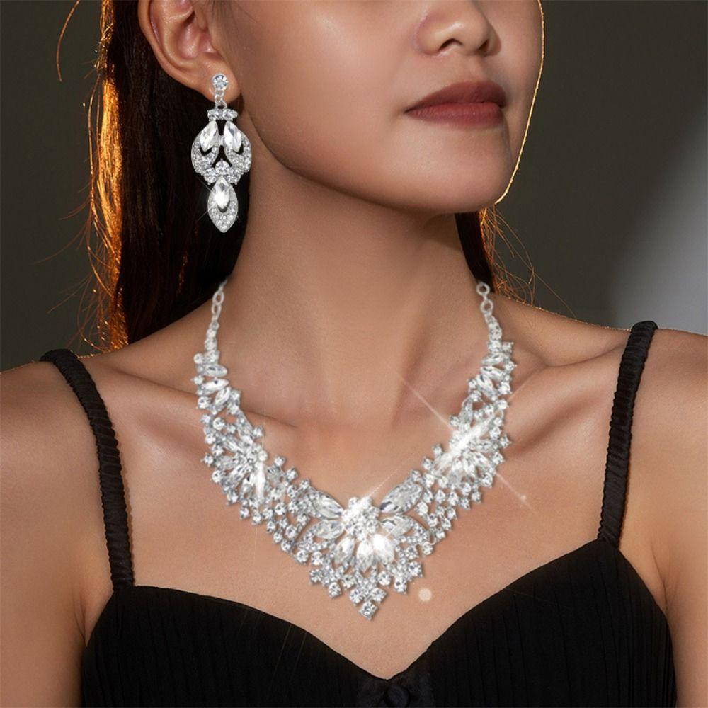 Shining Rhinestone Jewelry Set Crystal Crystal Necklace Set Bridal Necklace Earrings Set  Banquet
