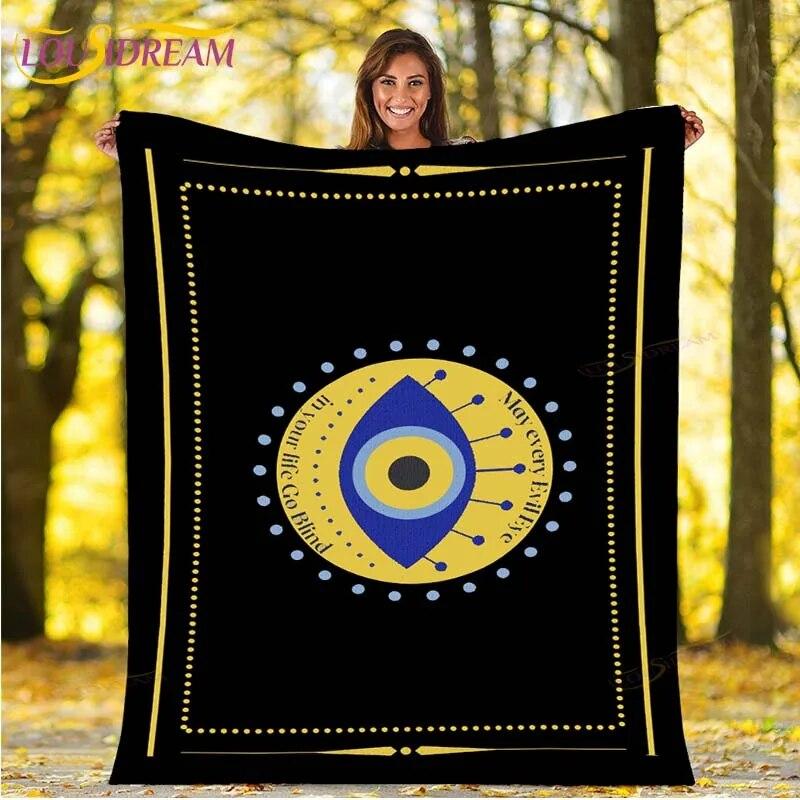 Evil Eye Blanket Turkish Nazar Spiritual Art Blanket Vintage Mid Century Flannel Blanket Sofa Chair Throw Blanket Travel Blanket