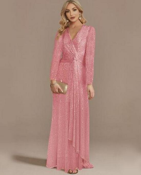 Spring Solid Color Sequin Long-Sleeve Evening Dress - 5 Colors