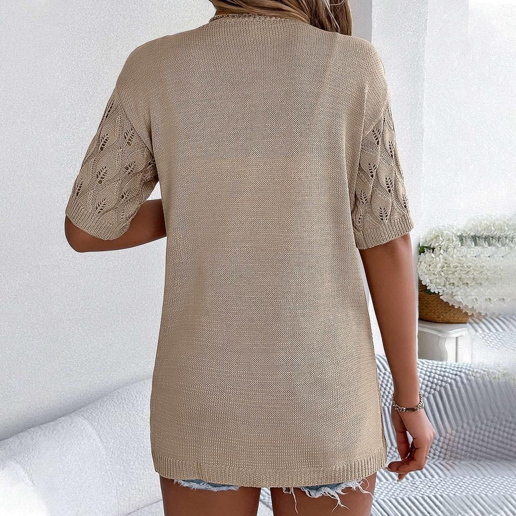 Women's Fashion Casual Hollow Short Sleeve Knitted Vacation Sunscreen Shirt Solid Color Cardigan Jacket