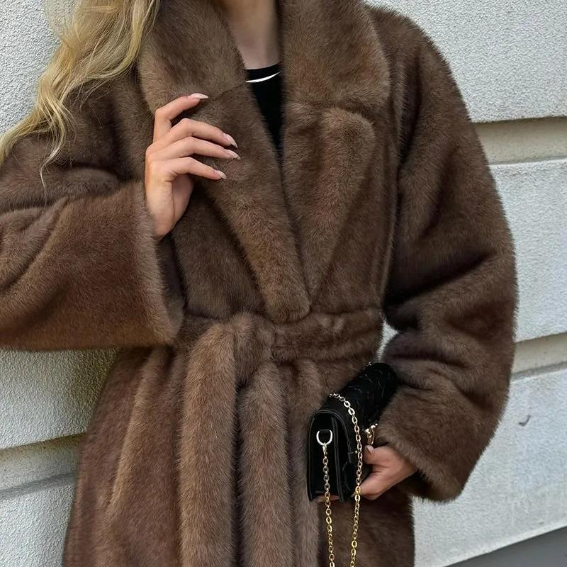 Belted Faux Mink Fur Coat Women Winter Beige Gradient Furry Fur Jacket Luxury Brand Hooded Warm Outerwear Overcoat
