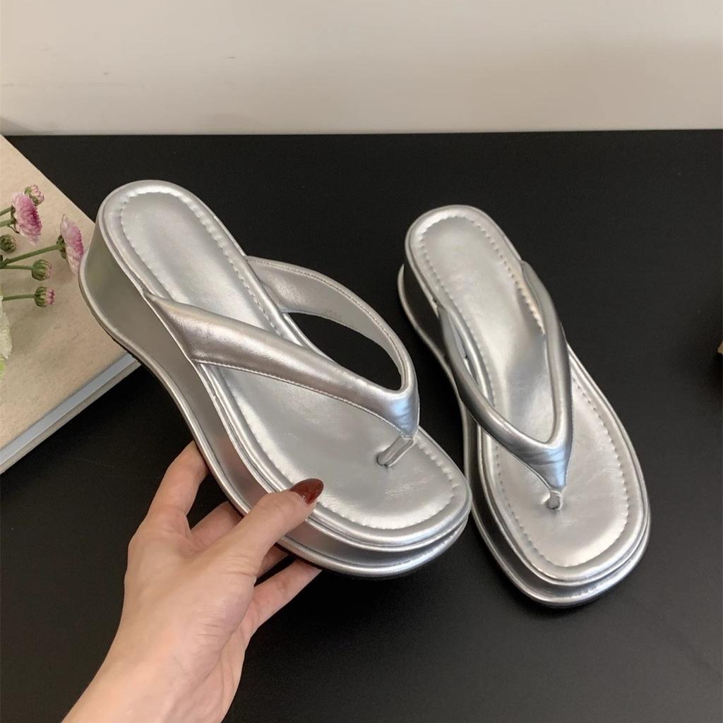Wedge Heel High Heel Silver Pinch Flip-flops Women's Shoes Wear Thick-soled Heightening Shoes Sandals